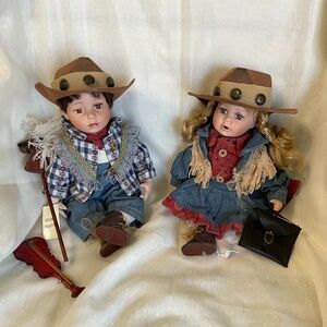 Vintage Old West Cowboy & Cowgirl Porcelain Sitting Dolls violin wooding horse